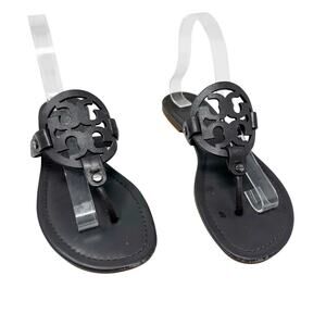 TORY BURCH Gray Grey Patent Leather Miller Classic Designer Logo Sandals Sz 8.5